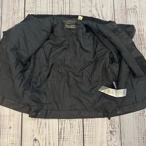 Levi’s Faux Leather Sherpa Lined Trucker Jacket Men’s XL Black Snap Front - Picture 9 of 13
